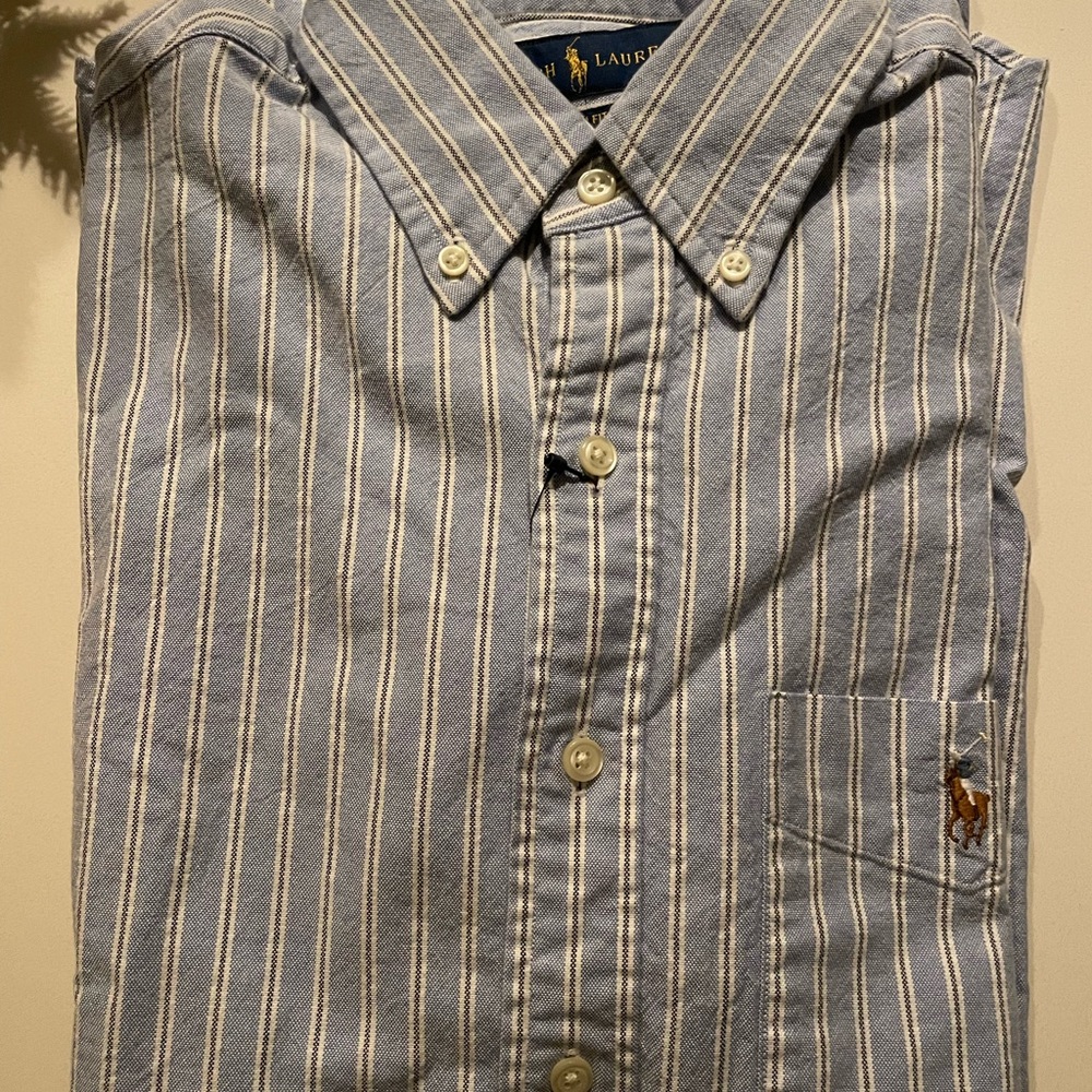 Ralph Lauren Men's Blue and White striped slim fit with stretch Oxford shirt.